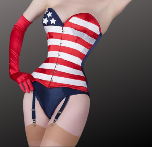 3F-240 -  Over Bust, USA Flag Satin Corset With Six Hooks Busk.