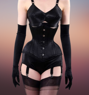 Vamp - Under Bust, Black Satin Corset With Five Hooks Busk.